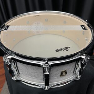 Ludwig USA Classic Maple White Marine Pearl five by fourteen snare drum showing snare side