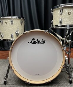 Ludwig classic maple stingray three piece set eight by twelve tom twelve by fourteen floor tom twelve by twenty bass drum vintage white marine front