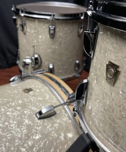 Ludwig classic maple stingray three piece set eight by twelve tom twelve by fourteen floor tom twelve by twenty bass drum vintage white marine close up