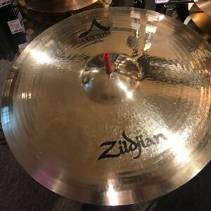 used zildjian a custom twenty inch ride cymbal shown on stand close up