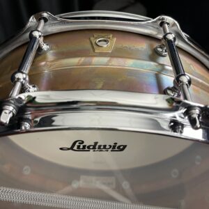 Ludwig five by fourteen raw bronze snare with tube lugs bottom view