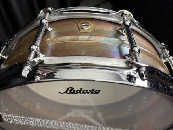 Ludwig five by fourteen raw bronze snare with tube lugs bottom view
