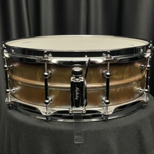 Ludwig LB550RT five by fourteen inch raw bronze phonic snare drum with tube lugs made in usa throw off