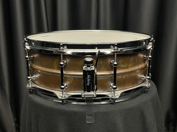 Ludwig LB550RT five by fourteen inch raw bronze phonic snare drum with tube lugs made in usa throw off