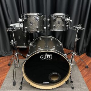 Used dw performance series four piece maple set in pewter sparkle wrapped finish front