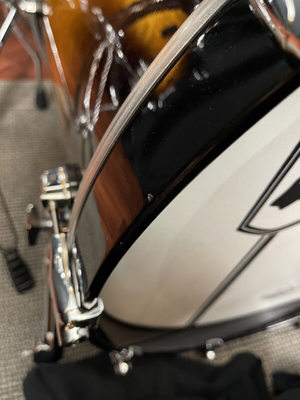Minor Ding on Bass Hoop of Used Mapex Black Panther Velvetone Five Piece Set in Butter Burl Burst Lacquer Finish