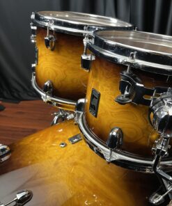 Mounted Toms and Bass of Used Mapex Black Panther Velvetone Five Piece Set in Butter Burl Burst Lacquer Finish