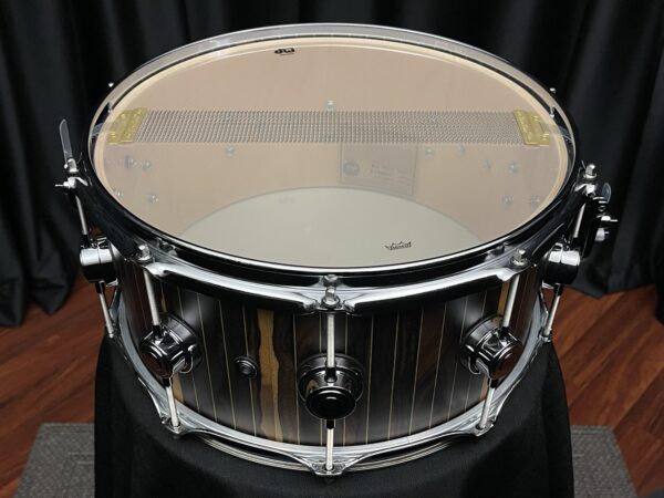 DW Brass Pinstripe Ziracote Limited Snare Drum Snare Side