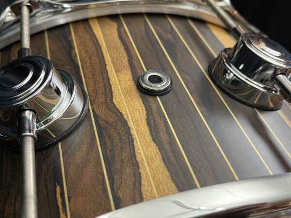 DW Brass Pinstripe Ziracote Limited Snare Drum Finish Detail