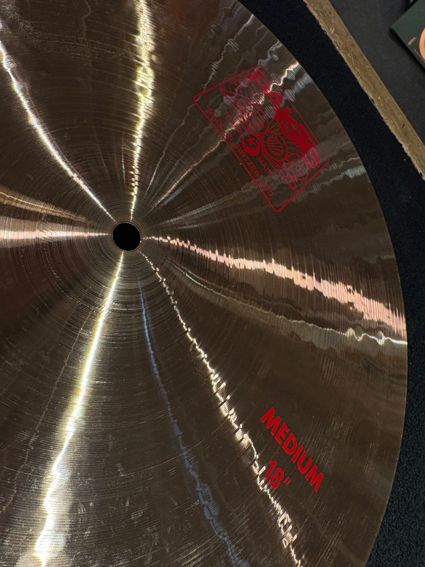 Paiste Used Red Label 2002 18 in Medium Crash Cymbal 1567g 2 Paiste Used Red Label 2002 18 Inch Medium Crash Cymbal Bell and Logo