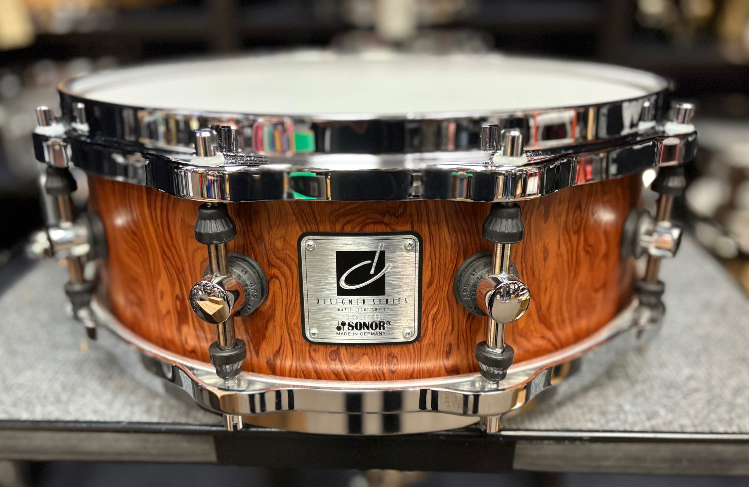 Used Sonor Designer 5 x 14 Snare Drum Maple Light Bubinga 1 Sonor Designer Maple Light 5x14 Inch Snare Drum Bubinga