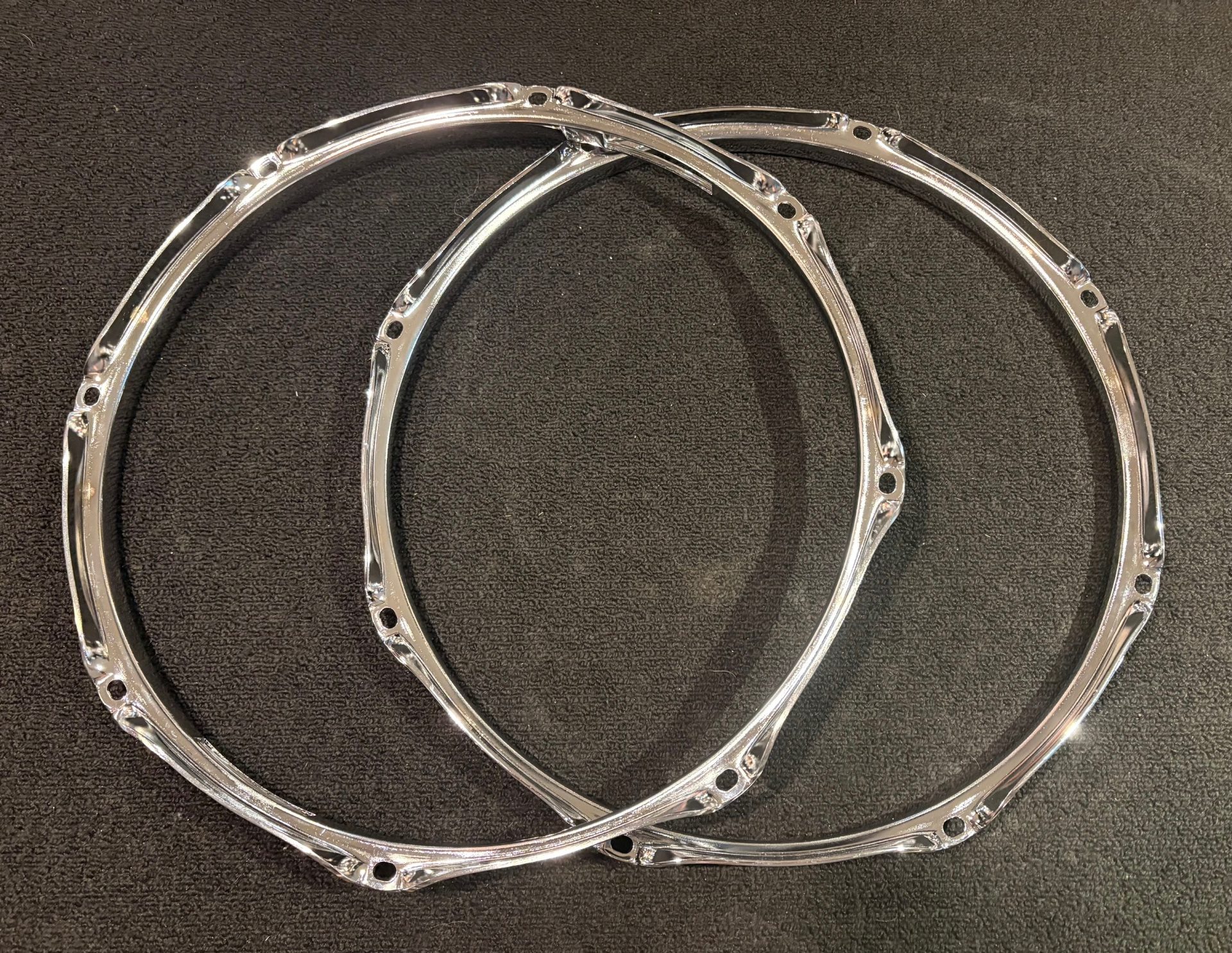 Cannon Parts Chrome Over Brass Pair of 13 in. 8 Ear 2.3mm Snare Drum Hoops 3 Cannon Parts 13 inch 8 Ear COB Snare Hoop Top and Bottom Undersides