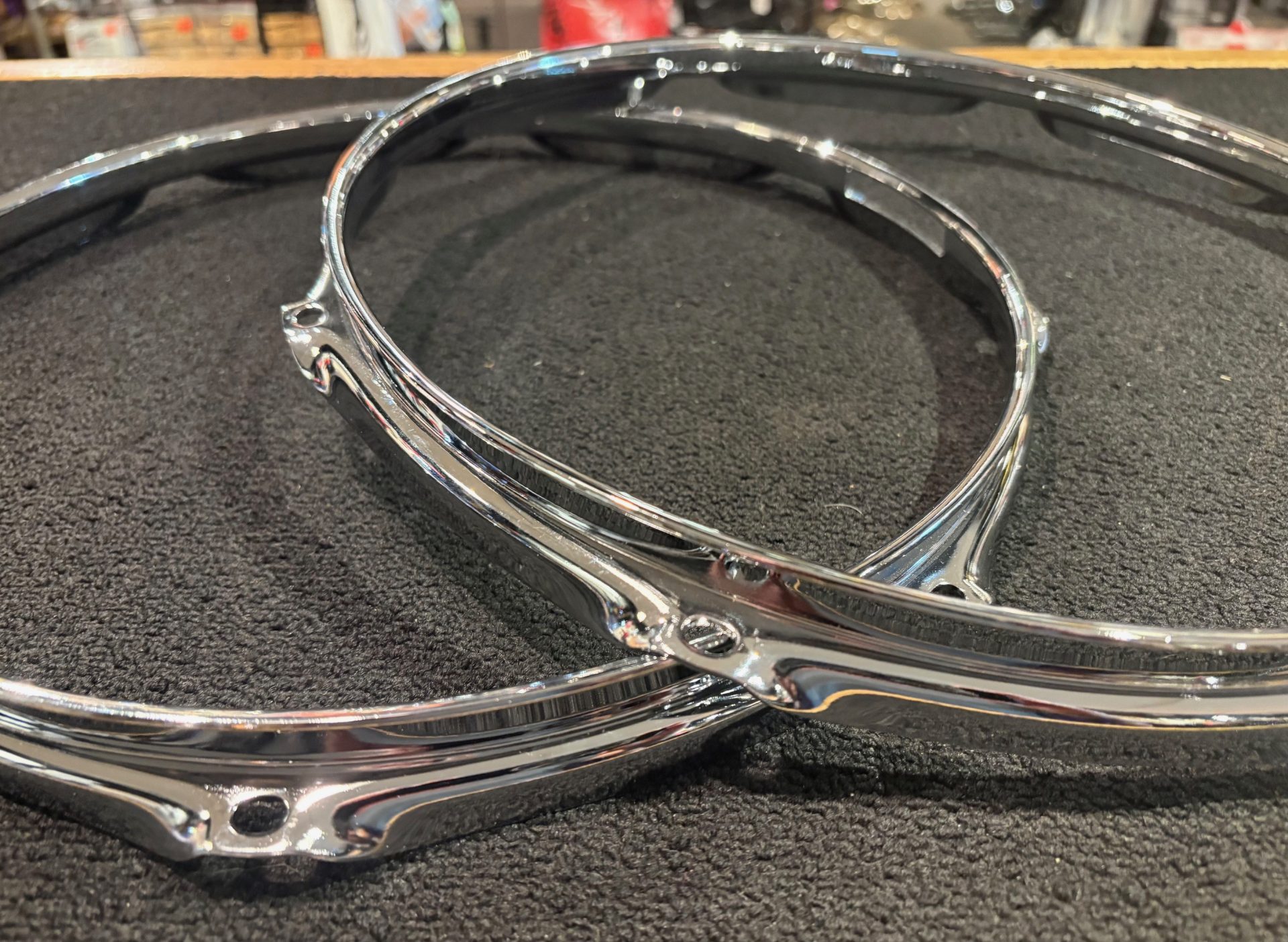 Cannon Parts Chrome Over Brass Pair of 13 in. 8 Ear 2.3mm Snare Drum Hoops 1 Cannon Parts 13 inch 8 Ear COB Snare Hoop Top and Bottom